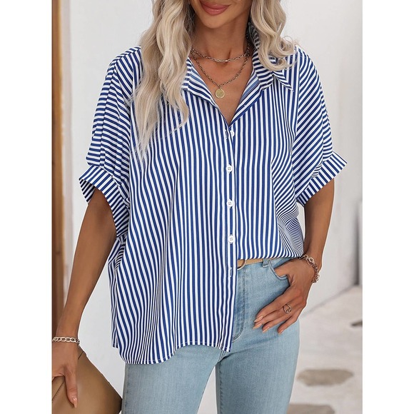 boho minimalist preppy Striped black white button up Batwing Sleeve Shirt - Picture 3 of 11